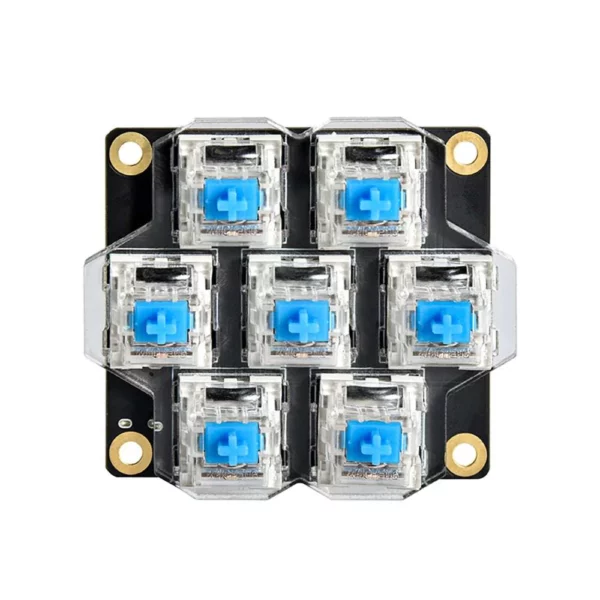 BigTreeTech HBB/HBB Fe: Black circuit board with seven blue mechanical keyboard switches for custom builds.
