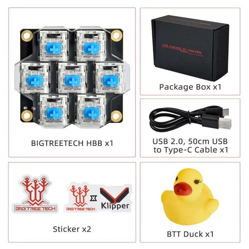 BigTreeTech HBB/HBB Fe kit: Includes HBB board with switches, package box, USB cable, stickers, and rubber duck.