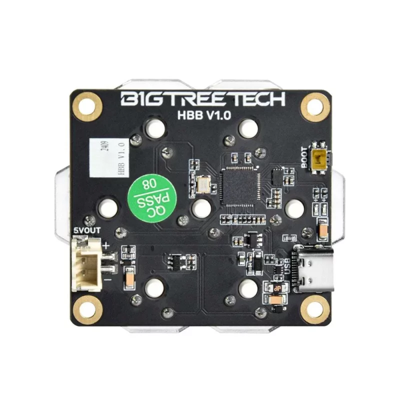 BigTreeTech HBB/HBB Fe circuit board with connectors, USB port, and QC PASS label