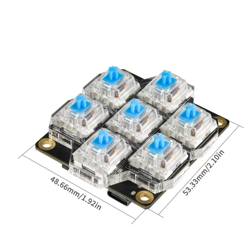 BigTreeTech HBB/HBB Fe: Small circuit board with seven mechanical keyboard switches, clear housings and blue stems.