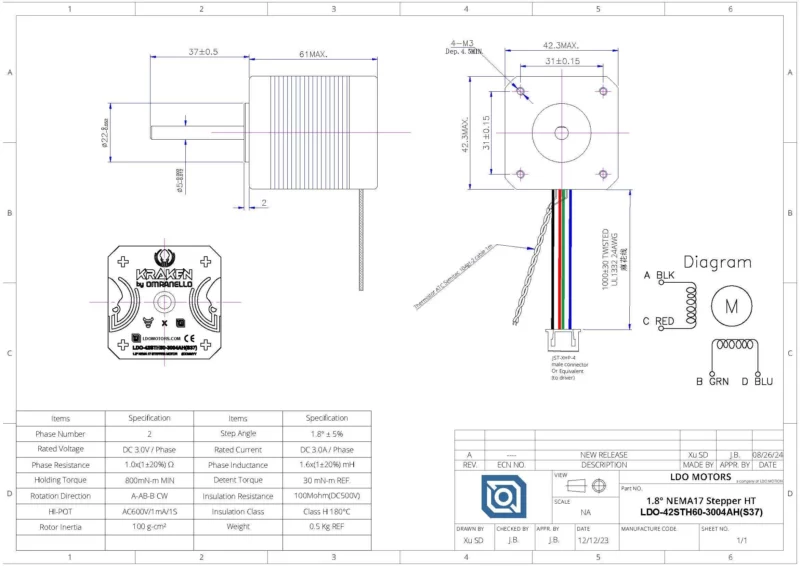Kraken High Torque Stepper Motor by Devil Design: Detailed diagram with dimensions and wiring for precision control.