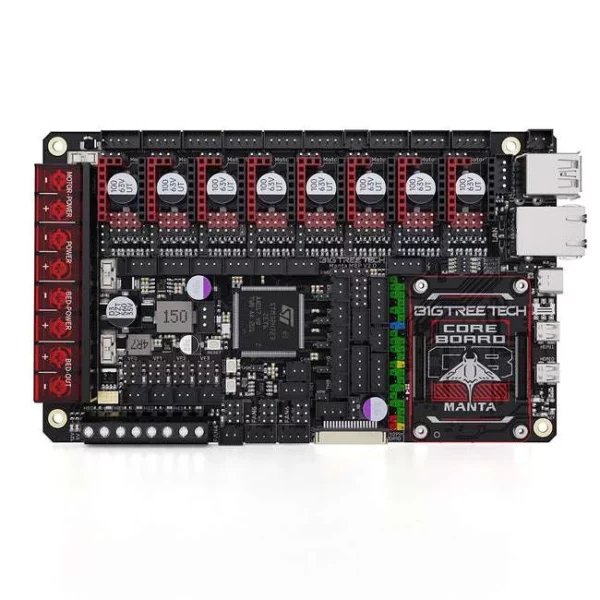 BIGTREETECH M8P V2.0 Manta 3D printer control board, featuring motor drivers, power connectors, and integrated LAN ports.