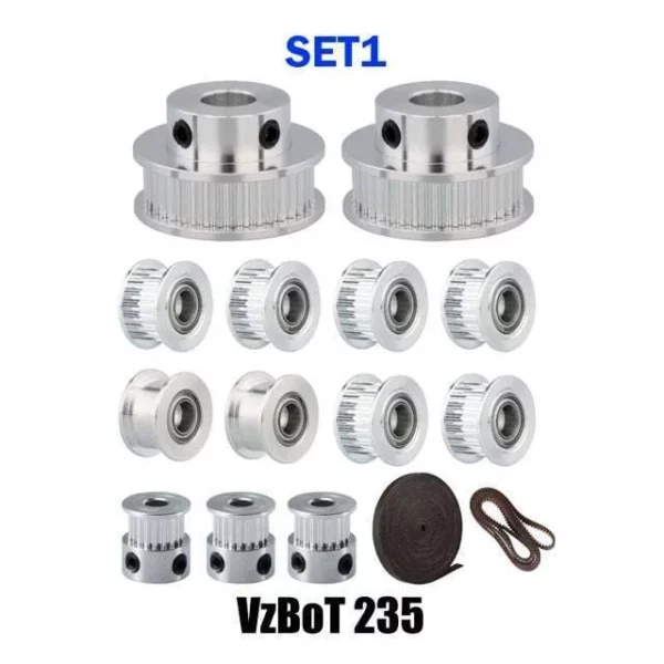Mellow 3D VzBoT 235 GT2 idler and pulley kit with belt for 3D printers. Includes timing pulleys, idlers, and a 6mm belt.