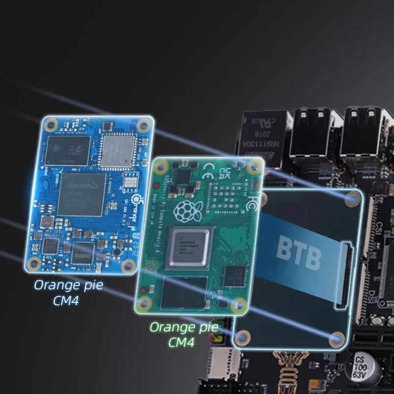 Orange Pi CM4, Raspberry Pi Compute Module 4 and BTB connector. Single-board computer for embedded projects.