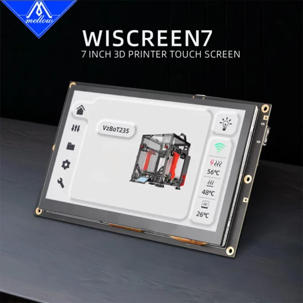 Mellow Klipper 7 inch WiScreen7 3D printer touch screen displays printer status and temperature readings. Wiscreen7
