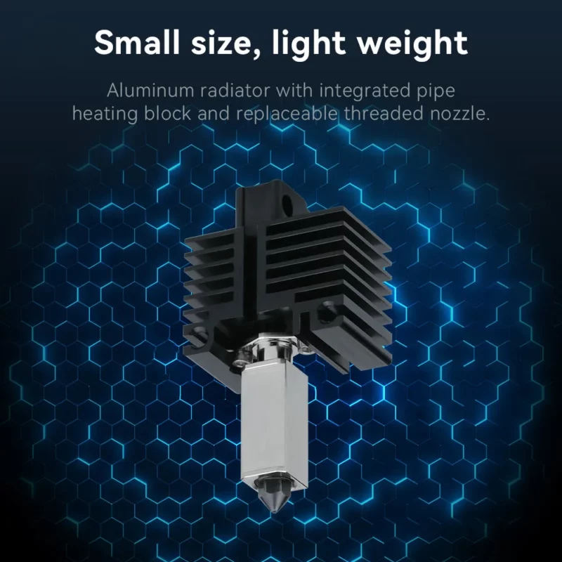 TZ 2.0 Hotend for Bambu Lab upgrade. Small, lightweight design with aluminum radiator, integrated heating block, and replaceable nozzle.