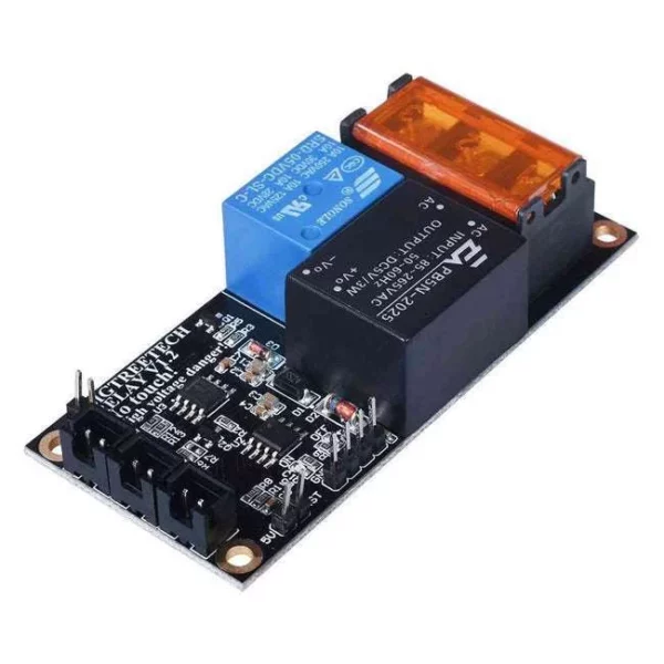 Bigtreetech Relay V1.2: Electronic relay module with input, output, and screw terminals for automatic shutdown control.