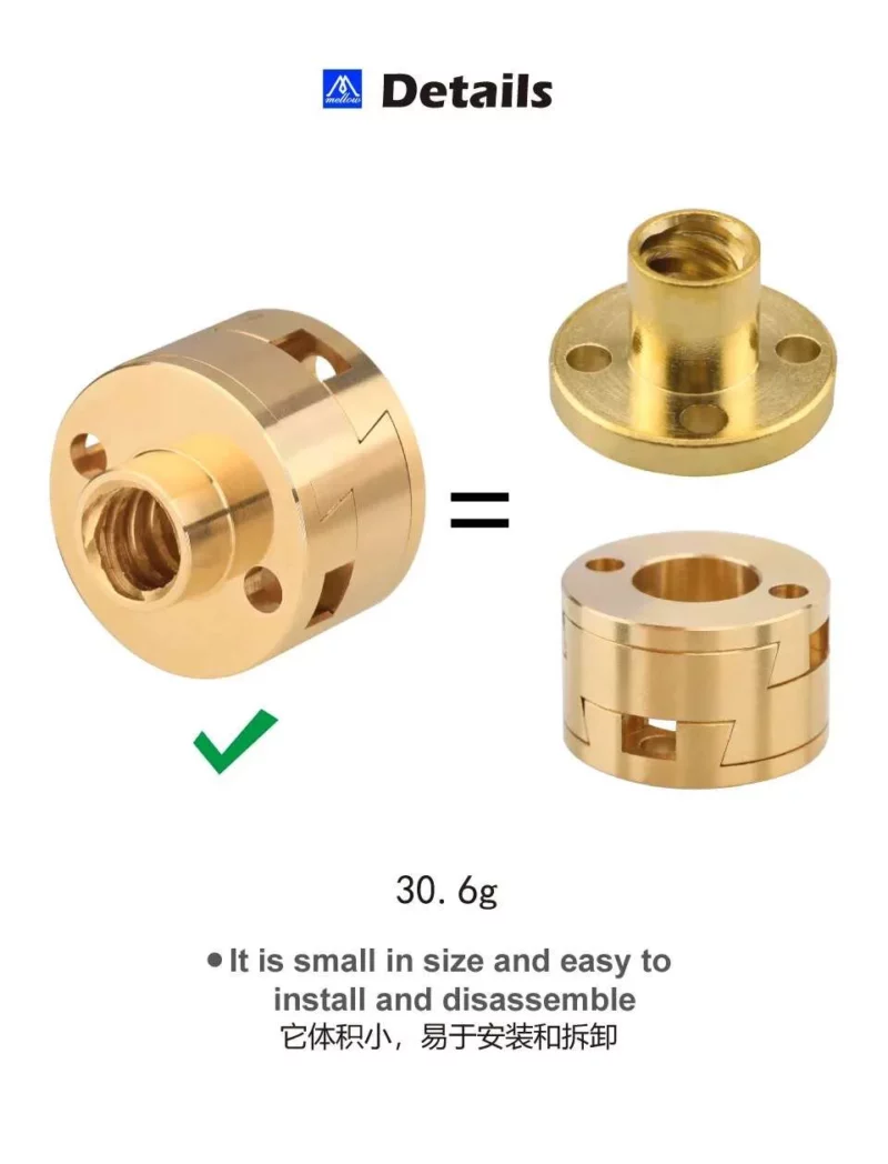 Mellow Genuine VzBoT 3D Printer Coupling, disassembled and assembled. Designed for 3D printers, easy to install and disassemble.