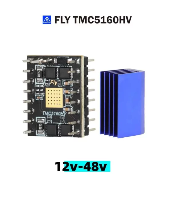 Mellow Fly TMC5160 HV Stepper Motor Driver with heatsink, supporting 12v-48v. Includes TMC5160 chip for silent operation.