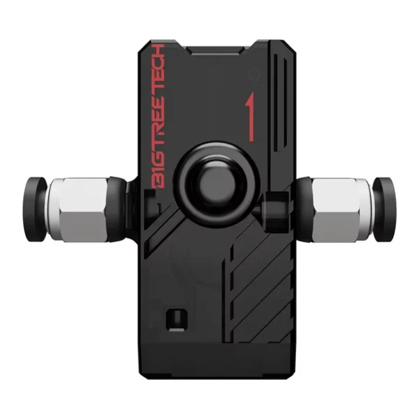 Bigtreetech SFS V2.0 Smart Filament Sensor for 3D printers. Black plastic with red accents and pneumatic fittings.