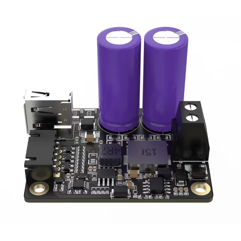 BigTreeTech SKSM V1.0 circuit board with capacitors, USB port, and terminal block for 3D printer power