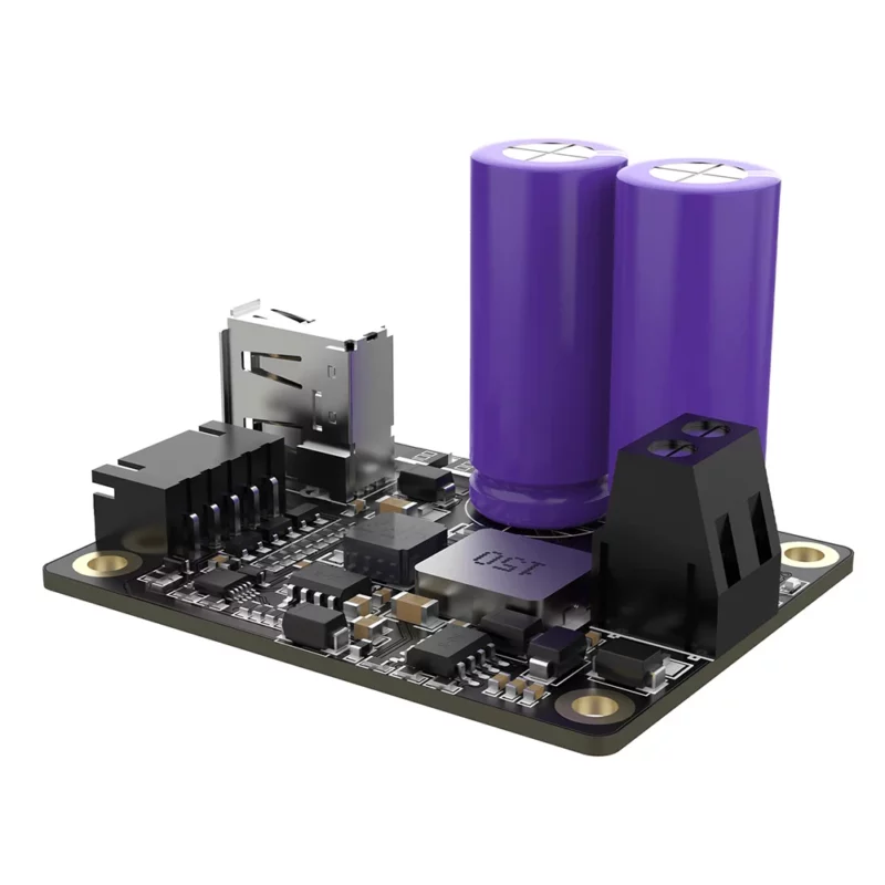 BigTreeTech SKSM V1.0 circuit board with USB, capacitors, and terminal block for power management.