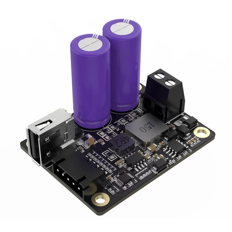 BigTreeTech SKSM V1.0: Black circuit board with purple capacitors, USB, and terminal block.