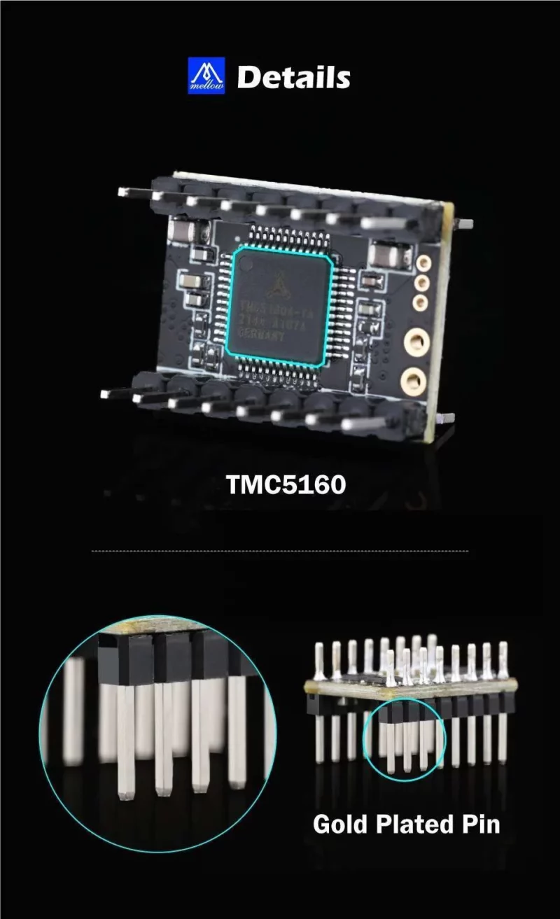 Mellow Fly TMC5160 Stepper Motor Driver StepStick SPI Silent with gold-plated pins for enhanced performance.