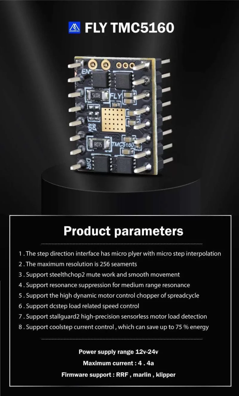 Mellow Fly TMC5160 Stepper Motor Driver. 12V/24V, Max 4.4A StepStick SPI Silent for 3D printers and CNC machines.