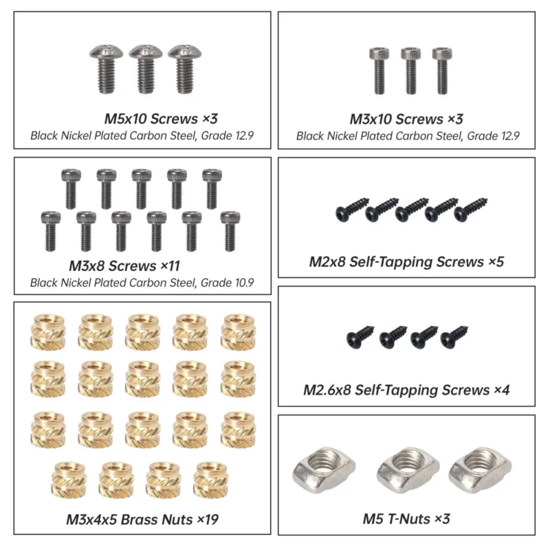 BIQU Universal Turbo Kit: Assortment of screws, nuts, and brass inserts for universal applications.