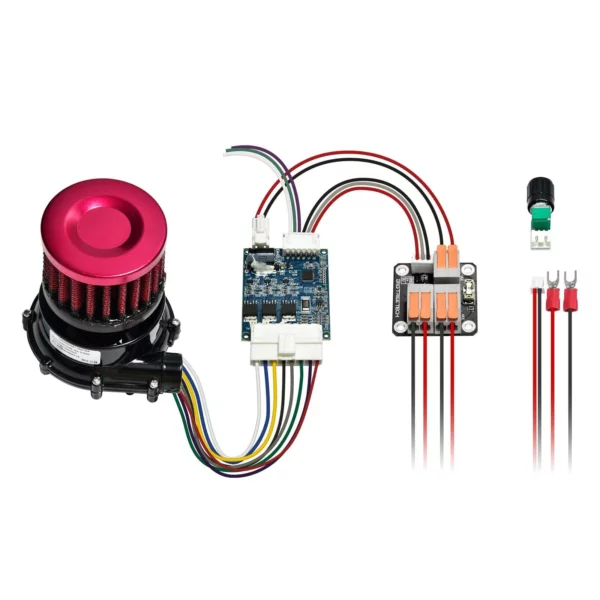 BIQU Universal Turbo Kit: Red air filter, circuit board, wiring, and connectors for Universal upgrade.