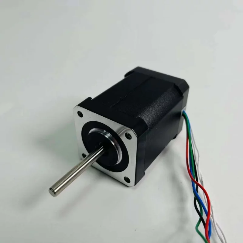 Kraken Motors stepper motor with black housing, metal shaft, and colored wires for precise control