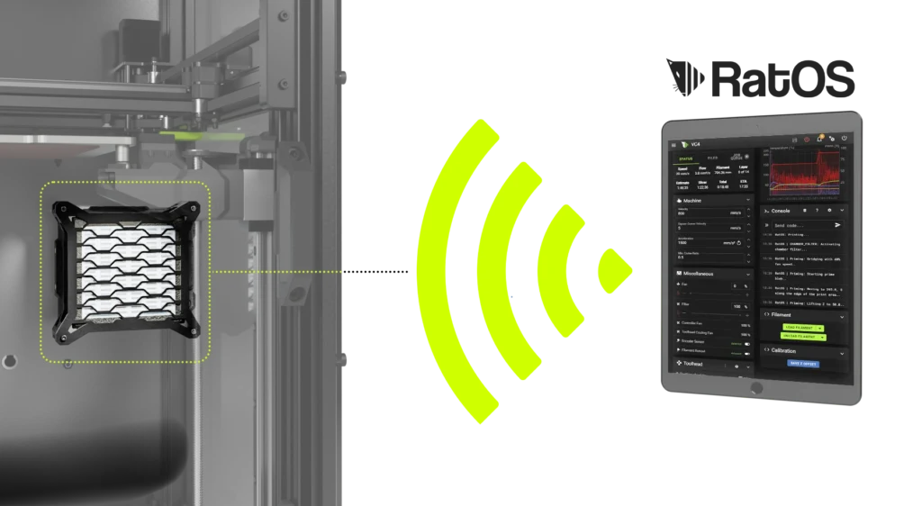 RatRig Rat Pack: 3D printer head with honeycomb pattern, tablet interface showing printing progress