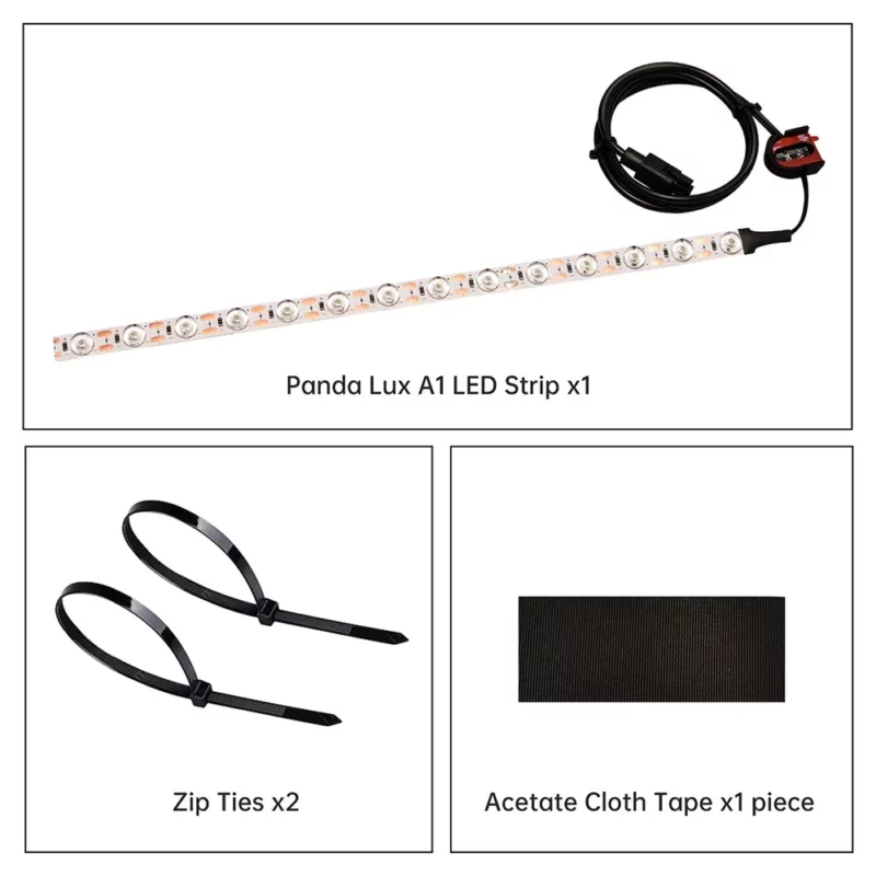 Panda Lux A1 LED Strip upgrade kit components: LED strip, zip ties, and acetate cloth tape.