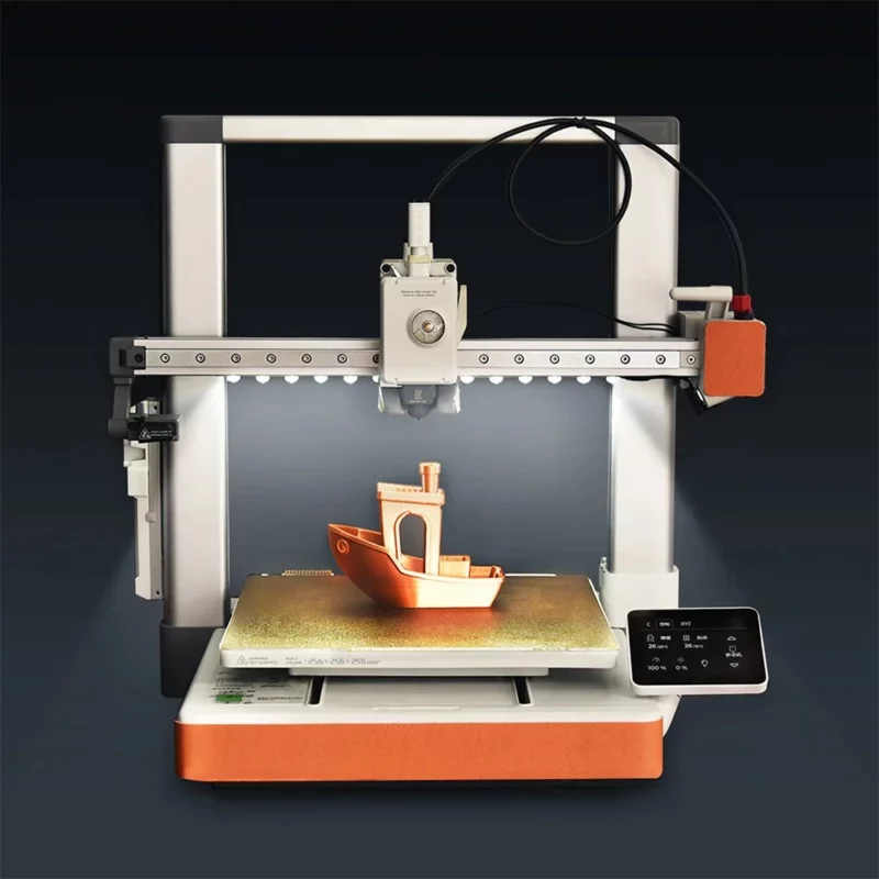 Panda Lux 3D printer with a boat model printing, featuring LED lighting and the A1.