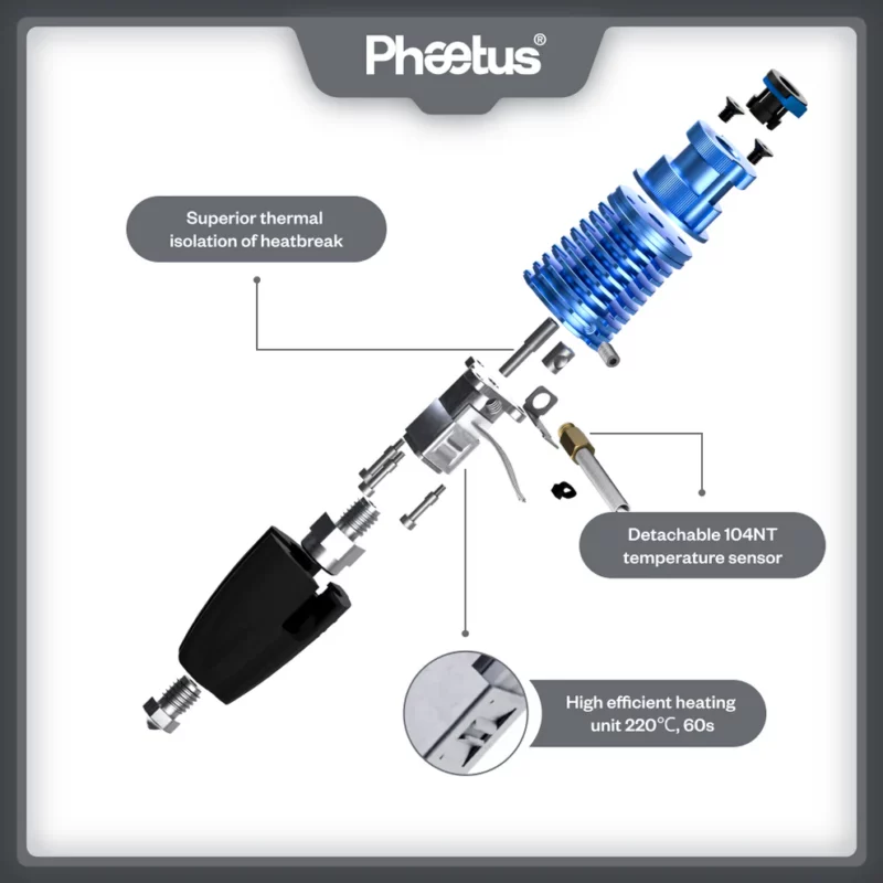 Phaetus Rapido 2.0 V2 UHF Hotend PT1000: High-performance 3D printer hotend with superior thermal isolation and detachable 104NT sensor.