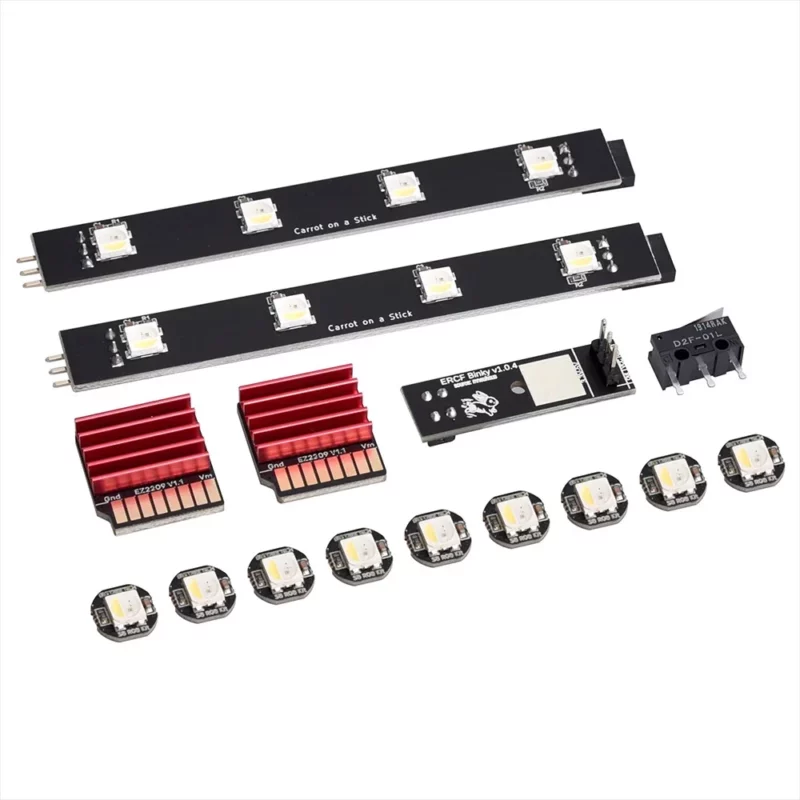 BIQU ERCF V2 Multi-Color Printing Kit components: LED strips, heat sinks, and microswitch for 3D printing.