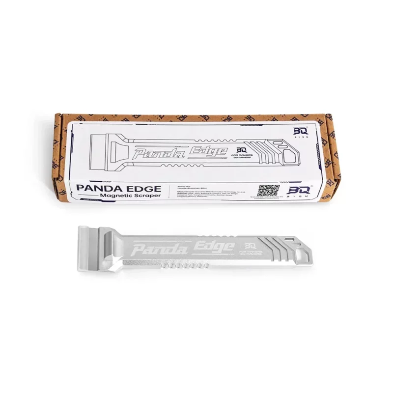 Panda Edge CNC Precision Machined Blade Scraper. Silver metal scraper and box, perfect for makers and DIY projects.