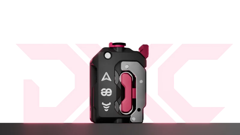 DXC Extruder: Black and pink industrial design with handle, buttons, and iconic logo for the DXC Extruder.