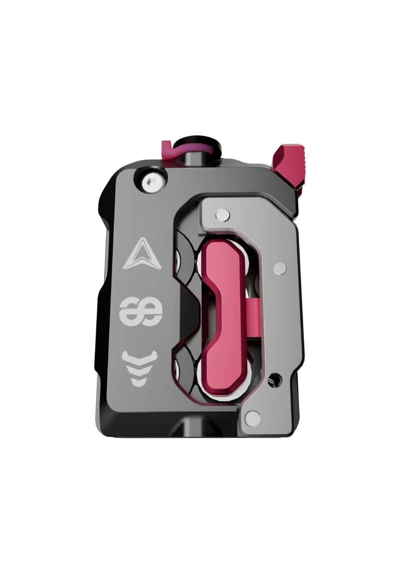 DXC Extruder: Sleek, high-tech black and red 3D printing extruder with intricate design, optimized for performance.