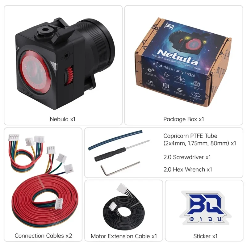 Nebula Dual Gear Extruder – High-Precision 3D Printer Extruder, includes Capricorn PTFE Tube, connection cables, and more.