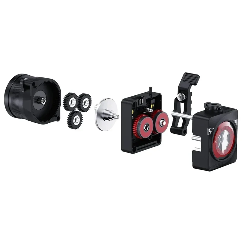 Nebula Dual Gear Extruder disassembled view: High-precision 3D printer extruder with gears and components