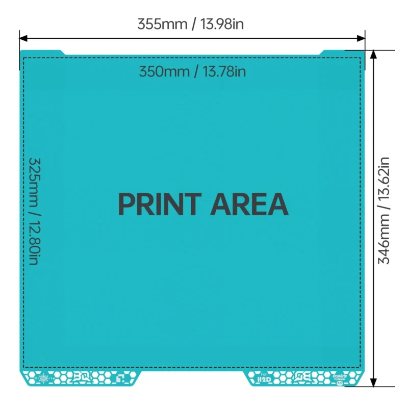 Panda BuildPlate CryoGrip Pro for Bambu H2D: Cyan 3D printer build plate with dimensions and print area marked.