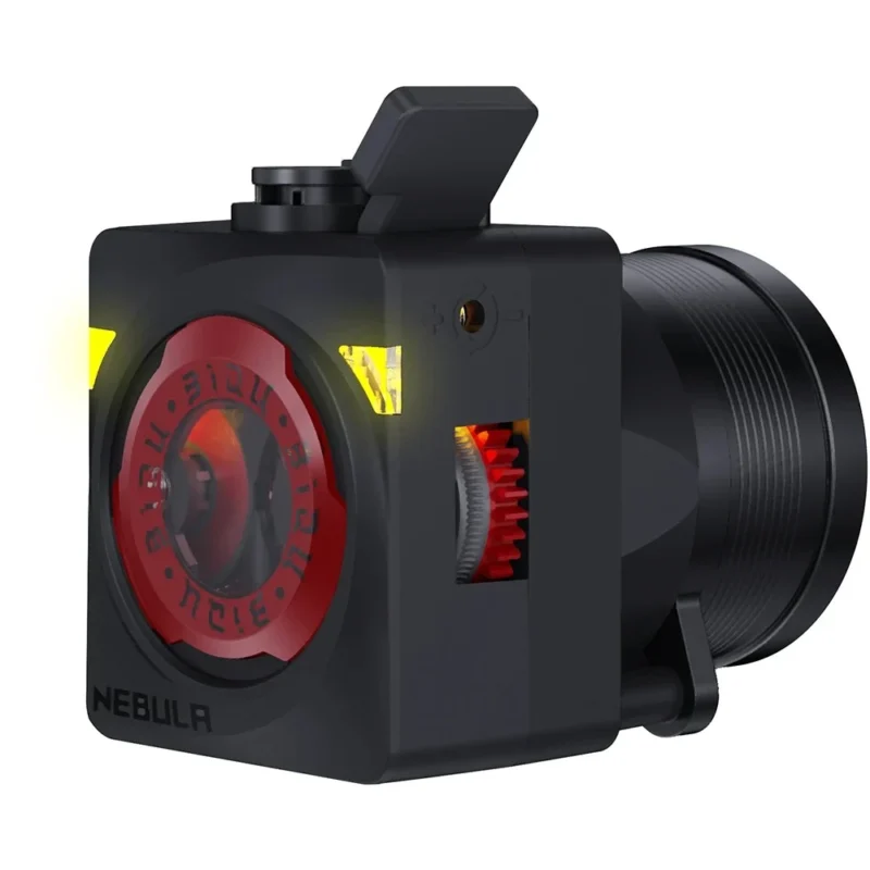 Nebula Dual Gear Extruder 3D printer part, black with red accents, visible gears, and side indicator lights.