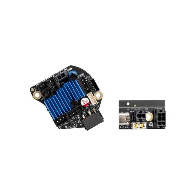 Orbitool O2S Toolboard: 3D printer toolboard with connectors, heat sink, and USB adapter for enhanced control and connectivity.