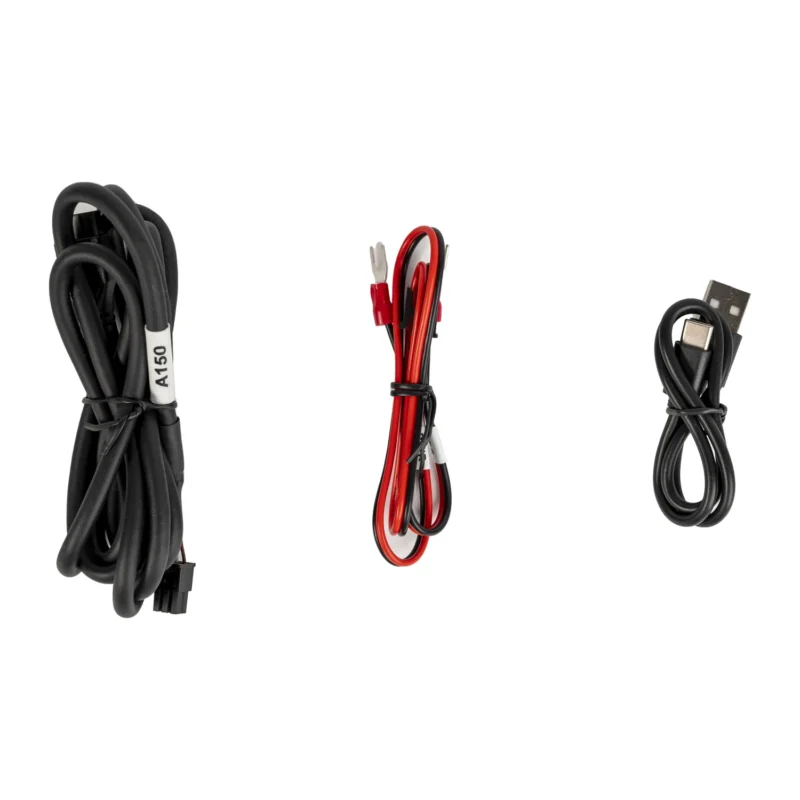 Orbitool O2S Toolboard cables: Black power cable, red/black wire harness, USB-A to USB-C charging cable.
