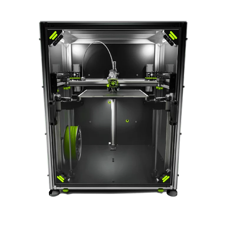 Voron 3D printer inside an enclosure with a filament spool, a heated chamber, and green accents.