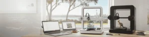 3D printers for home use in Australia, with laptops and models on a desk