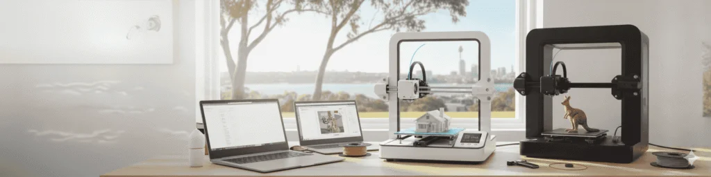 3D printers for home use in Australia, with laptops and models on a desk