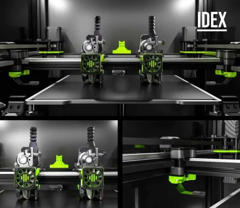 IDEX 3D printer with dual extrusion, showing two print heads working simultaneously.