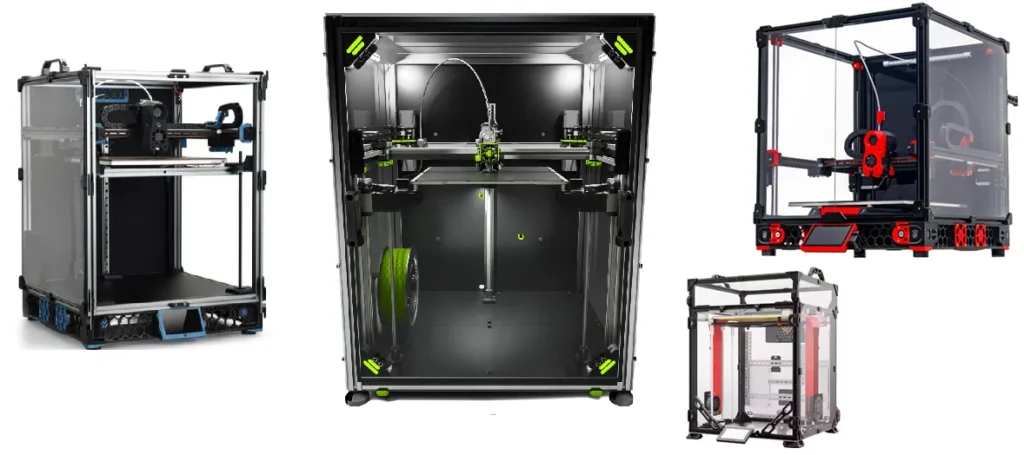 Multiple enclosed 3D printers, including a Voron, showcasing 3D printing enclosure designs.