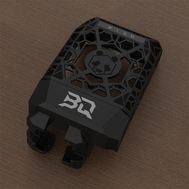 Panda_Jetpack_V2_ 04 Panda Jetpack V2: Black smartphone cooler with panda logo and honeycomb design.