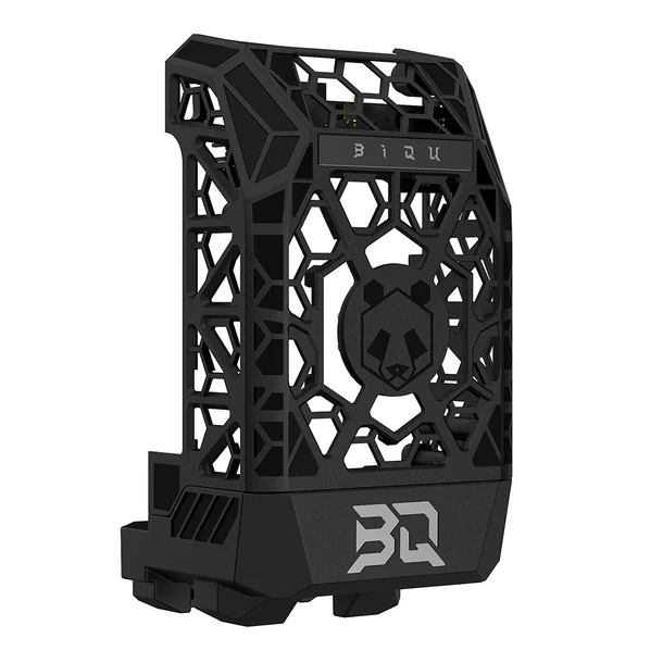 Panda_Jetpack_V2_ 08_3ce00918 790f 4a1c Acc0 E12250477170 Panda Jetpack V2: Black futuristic cage-like structure with panda logo for electronic device cooling.