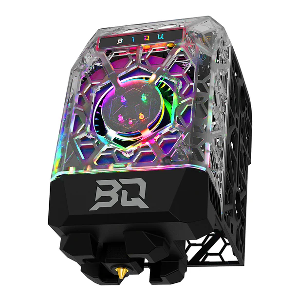 Panda_Jetpack_V2_ 09_eefec1aa 3adc 44f0 B618 86525191cbfa Panda Jetpack V2 3D printer extruder head with transparent case, geometric design, internal components, and RGB lighting.