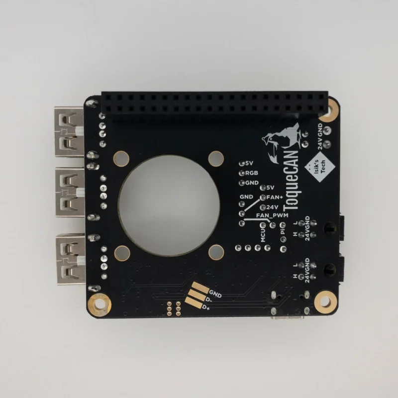 ToqueCAN circuit board with USB ports, labeled connectors for 5V, 24V, GND, FAN, and RGB