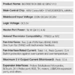 BIGTREETECH EBB 42 GEN2 V1.0: Specifications including main control chip, voltage, heater power, thermistor, fan interfaces, and more.