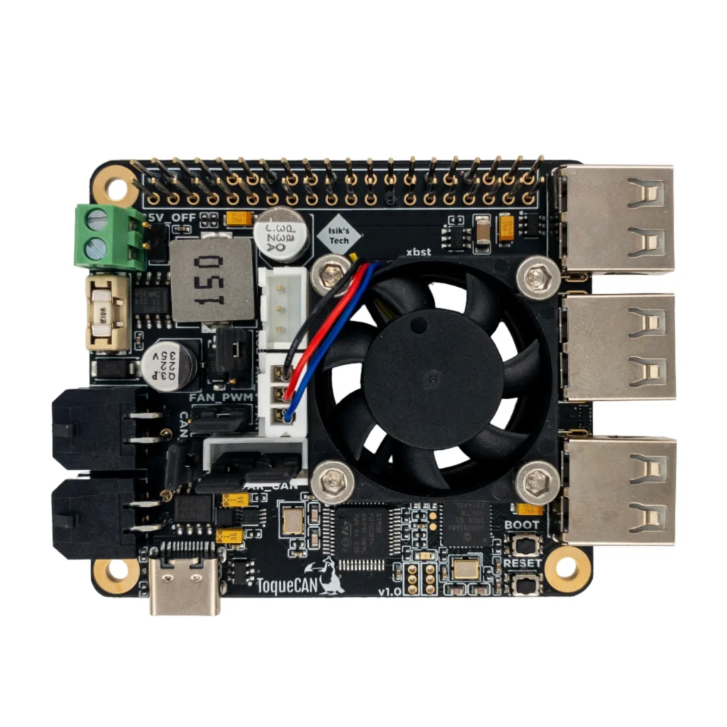 ToqueCAN V1.0: Development board with cooling fan, USB ports, and various connectors for electronic projects.