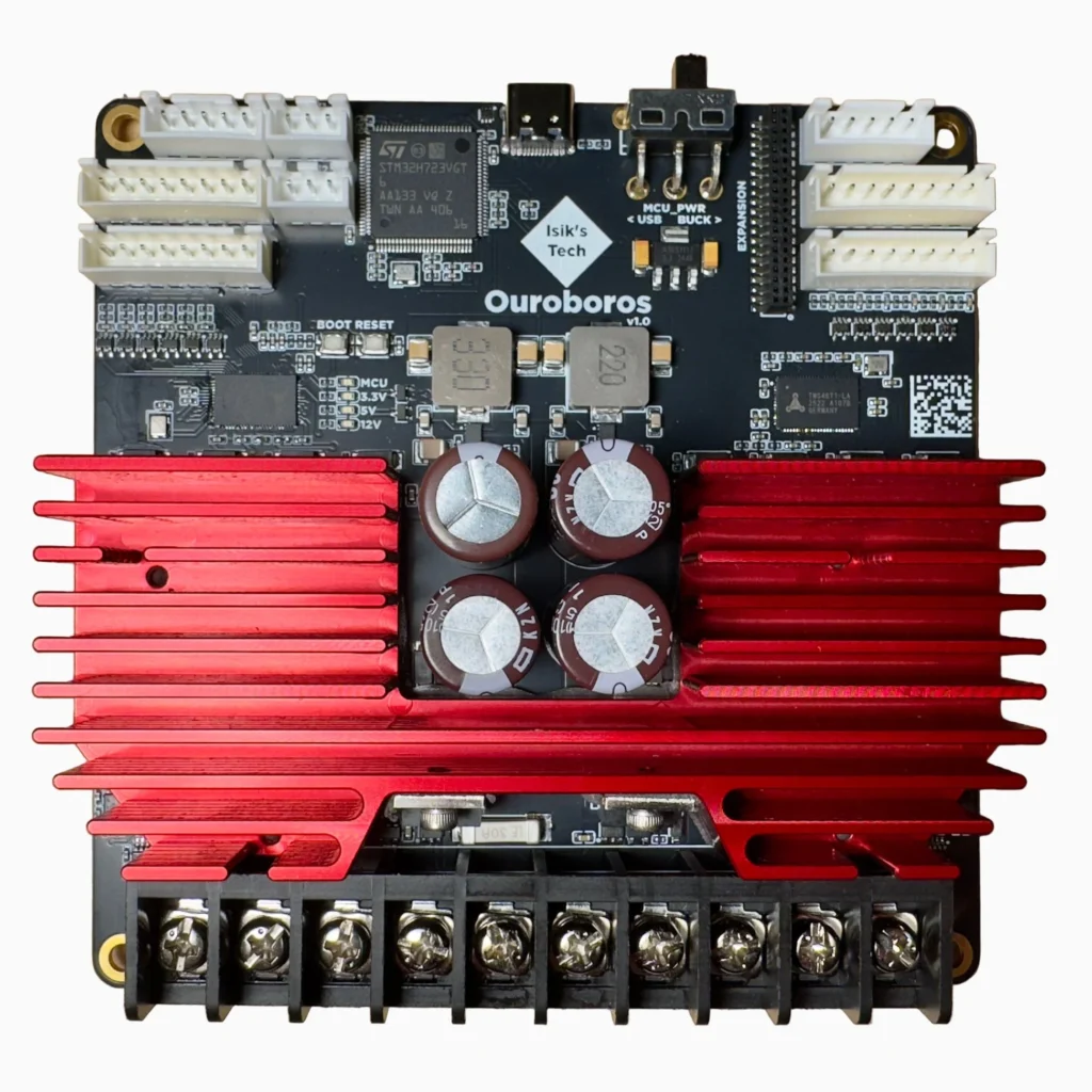 Ouroboros TMC4671: Electronic board with heat sink, connectors, and STM32H723VGT microcontroller