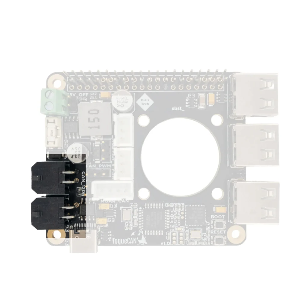 ToqueCAN circuit board close-up featuring connectors, electronic components, and mounting holes.