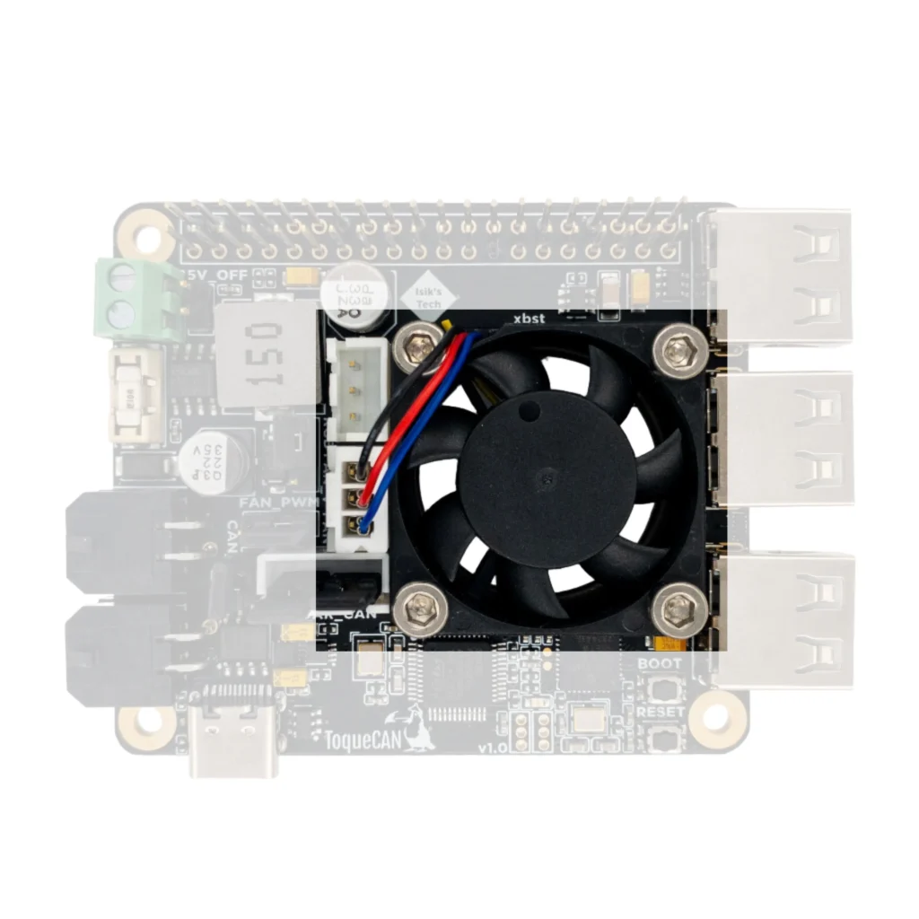 ToqueCAN board with cooling fan attached for optimal performance.